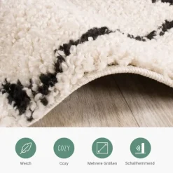 Hochflor Läufer - Grand Lines Creme Schwarz