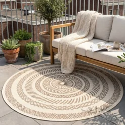 In- & Outdoor Jute Teppich Rund - Nomad Aztec Creme