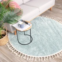 Teppich Hochflor Rund - Lofty Fringe Hellblau Türkis