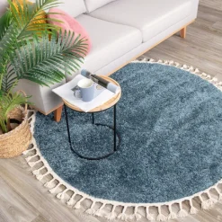 Teppich Hochflor Rund - Lofty Fringe Blau