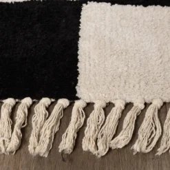 Teppich kariert - Blox Fringe schwarz weiß