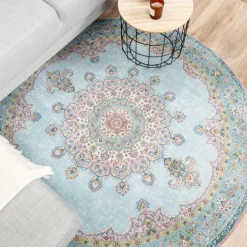 Teppich Vintage Rund - Lily Medaillon Hellblau Türkis