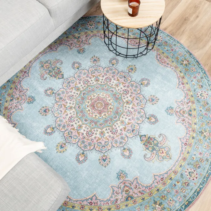 Teppich Vintage Rund - Lily Medaillon Hellblau Türkis