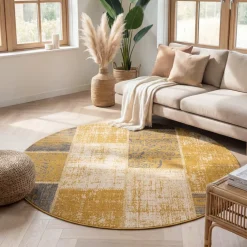 Teppich Vintage Rund - Spring Patchwork Ockergelb Taupe