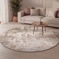 Waschbarer Teppich Rund - Misha Grunge Creme Braun